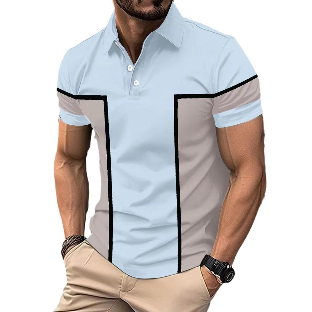 New men's casual POLO shirt 3D printing lapel collar buttons colour blocking T-shirt tops