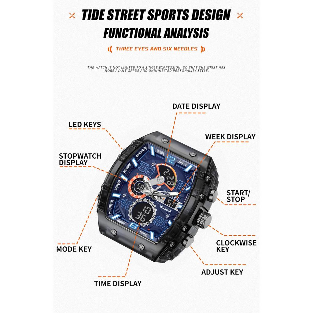 Electronic Watch Square Dual Display Waterproof Luminous Multi-color Wristwatch for Men
