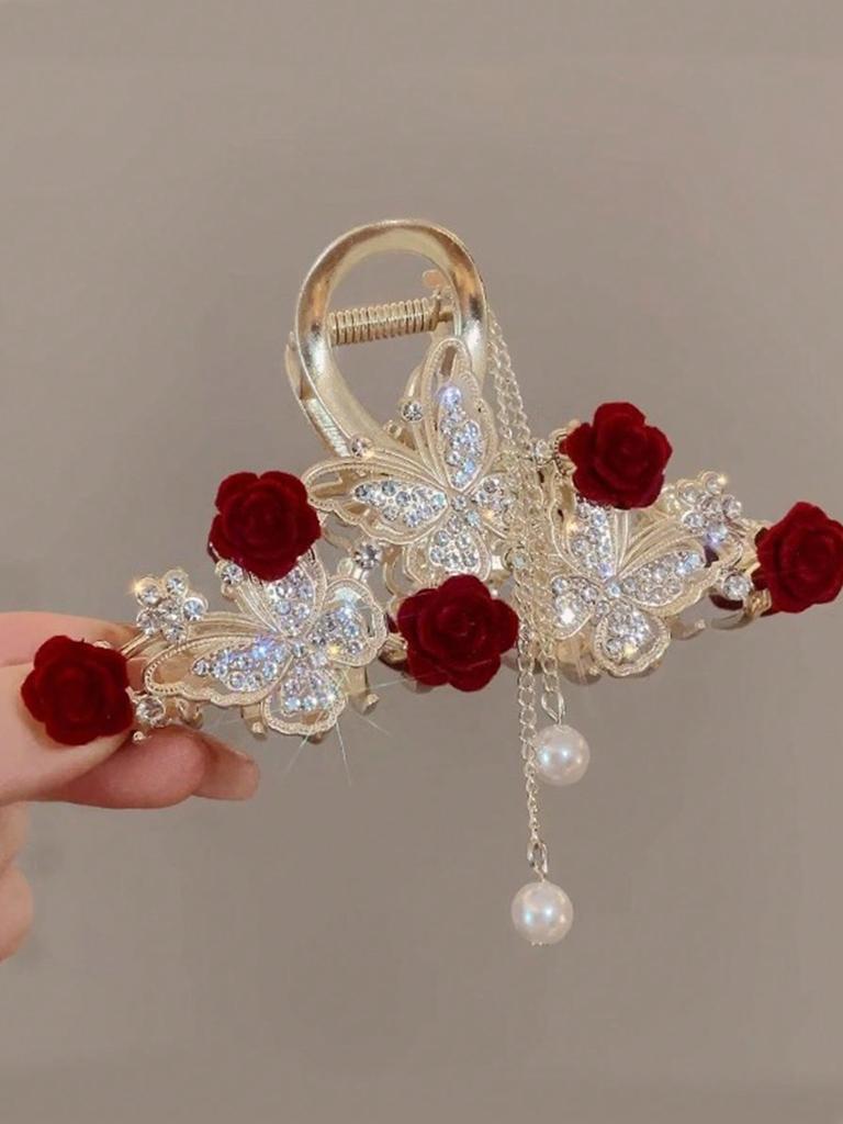 1 Pcs Fashion Exquisite Crystal Butterfly Rose Flower Artificial Pearl Tassel Hair Claws For Women Girls Party Hair Accessories