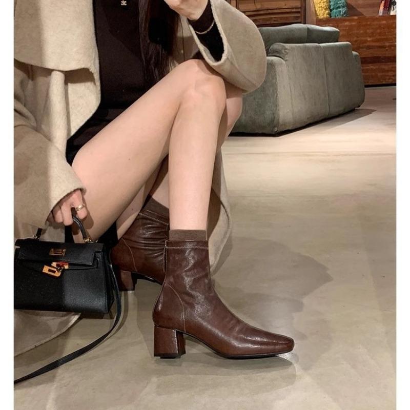Super Soft Sheepskin Square Head Thick Heel Rear Zipper High Heel Bare Boots Martin Boots Women's Thin Short Boots