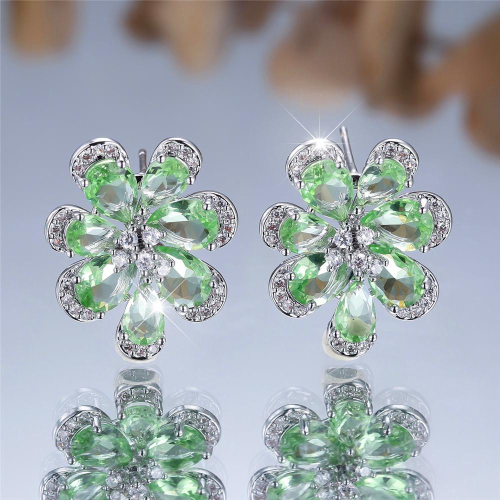 Cute Female Green Zircon Flower Stud Earrings Silver Color Wedding For Women