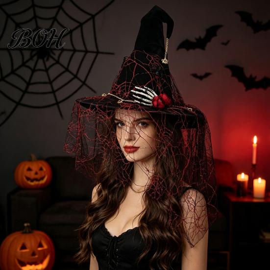 Festival Atmosphere Props Punk Skeleton Hand Witch Hat with Spider And Veil, Black Large Halloween Theme Party Supplies Wizard Costume Accessory