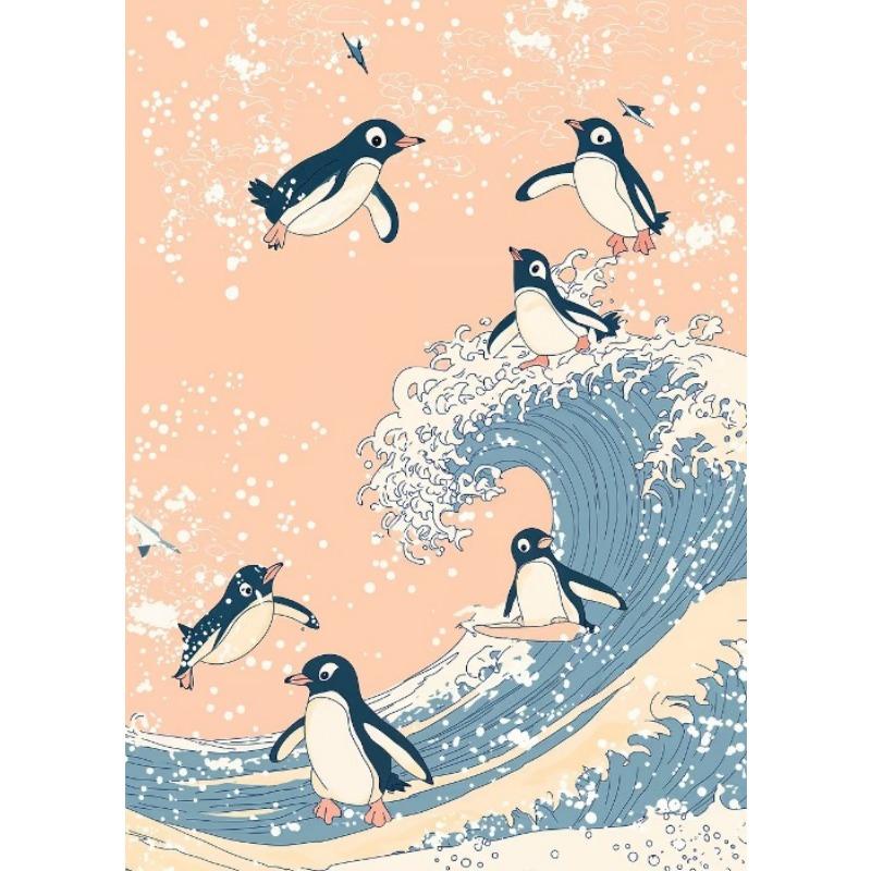 Retro Japanese Cartoons Animals Illustration Poster Wave Panda Cat Penguin Cute Animals Prints Kids Room Nursery Room Canvas Art