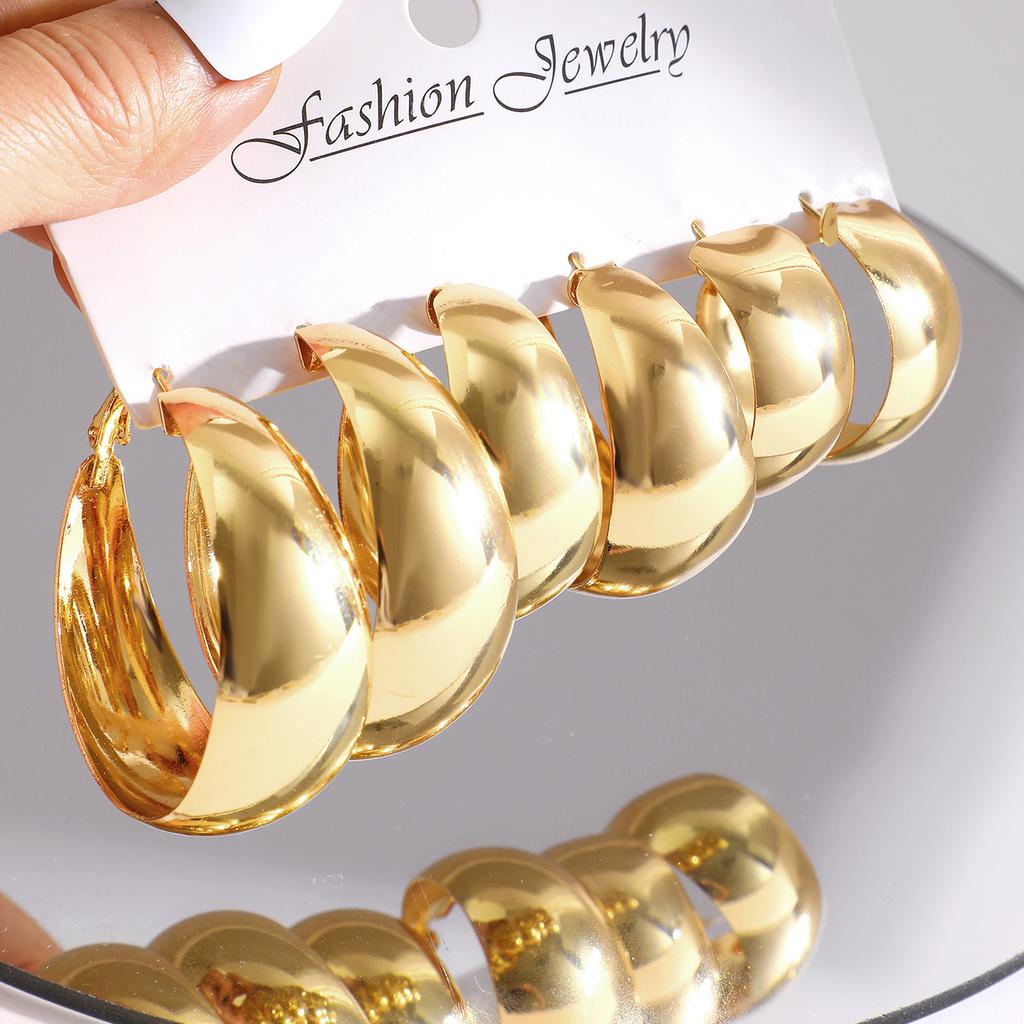 3pcs Gold Plated Chunky Earring Set for Women Big Circle Geometric Tear Drop Glossy Earrings Lightweight Fashion Jewelry Gifts