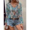 Women V Neck Boho Paisley Print Long Sleeve Blouse Multi Color Ethnic Loose Fit Summer Vacation Casual Top