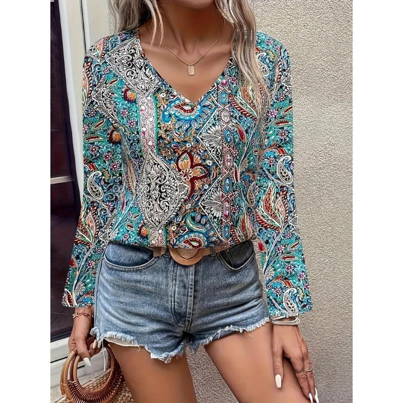 Women V neck boho paisley print long sleeve blouse multi color ethnic loose fit summer vacation casual top S