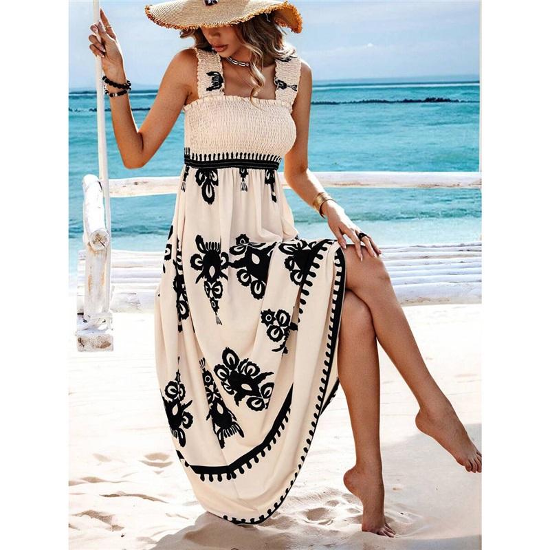 Summer New Style Women's Ladies Dress Printed Front Cross Sleeveless Loose Casual Beach Dress