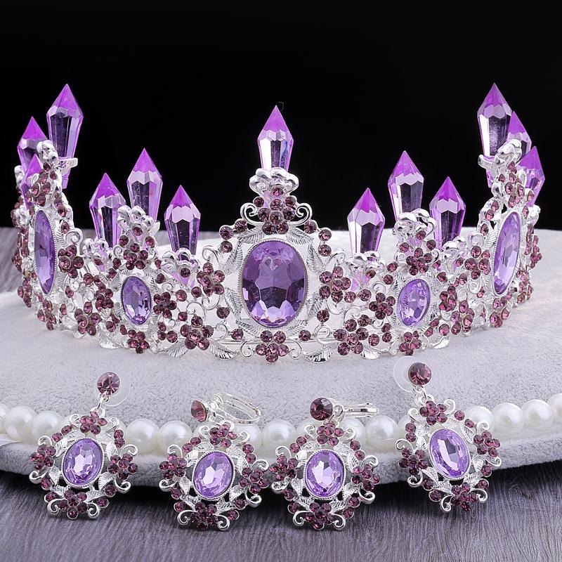 Silver and Gold Plated Headband Crown Big Purple Red Crystal Bride Hair Decoration Birthday Cake Topper Crown
