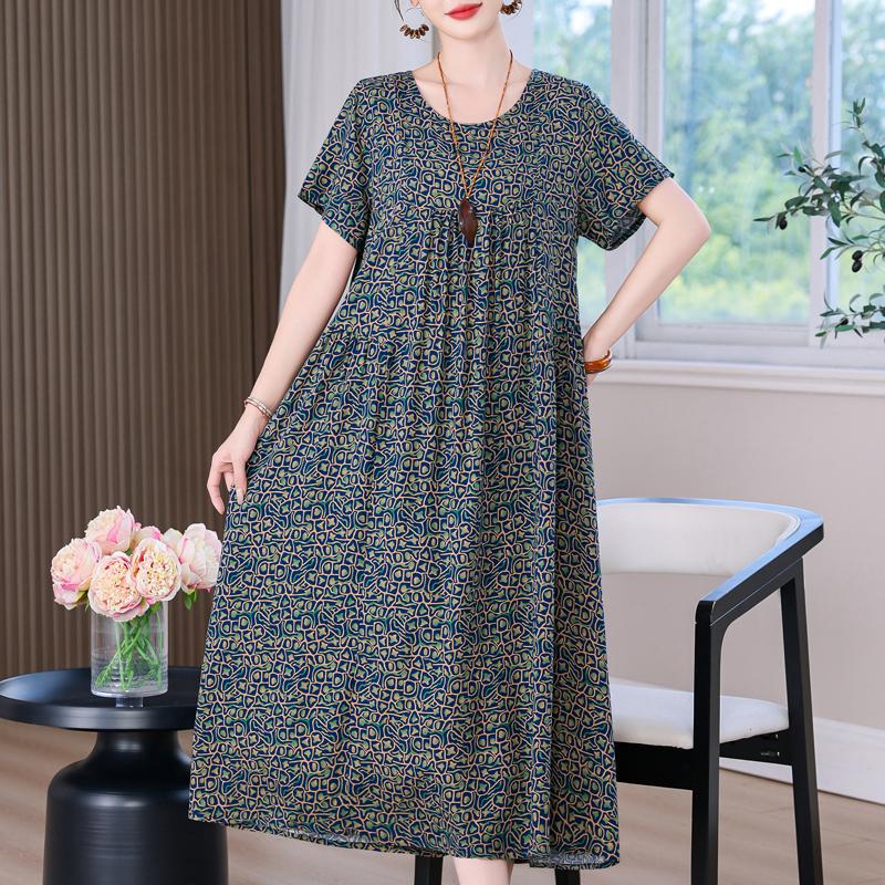 Elegant Long Dress for Women Vintage Clothes Plus Size Casual Short Sleeve Summer Loose Dress