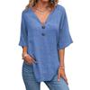 Top Estivi da Donna Scollo a V Manica a Tre Quarti Casual T-Shirt Tinta Unita Decorazione Bottoni Vestibilità Ampia Lunghezza Media Blusa