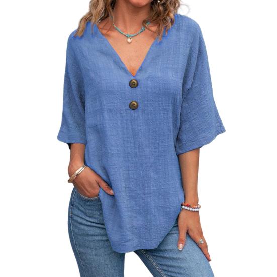 Top Estivi da Donna Scollo a V Manica a Tre Quarti Casual T-Shirt Tinta Unita Decorazione Bottoni Vestibilità Ampia Lunghezza Media Blusa