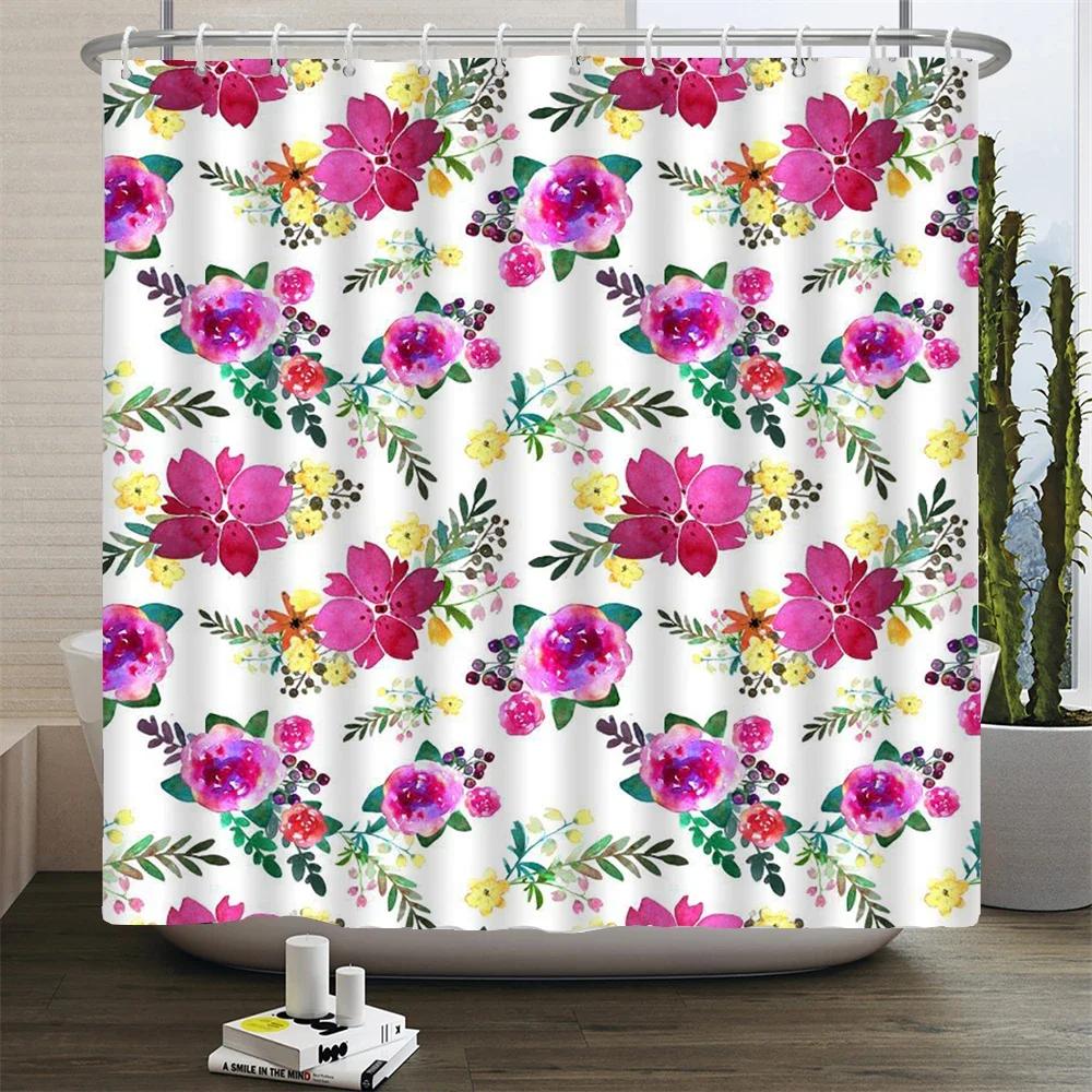 

Flowers Bathroom Curtain With Hooks 3D Shower Curtains Waterproof Print 180X240Cm Polyester Cloth Bath Home Decoration Screen W60H190(CM)-1 Pcs