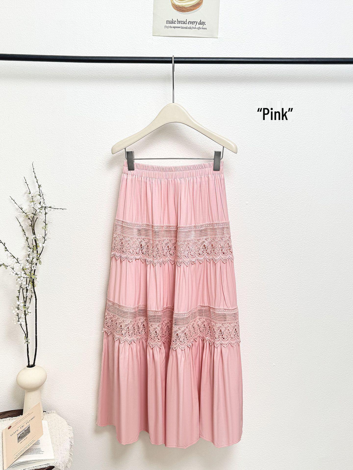 

Spring/Summer 2026 Floral Lace Embroidered A-Line Midi Skirt with Elastic Waist One Size рожевий
