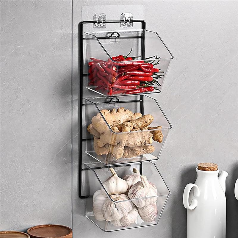 M-Modern-3 Compartments Wall Mounted Ginger Garlic Container Countertop Onion And Potato Storage Box With Metal Rack Durable Len