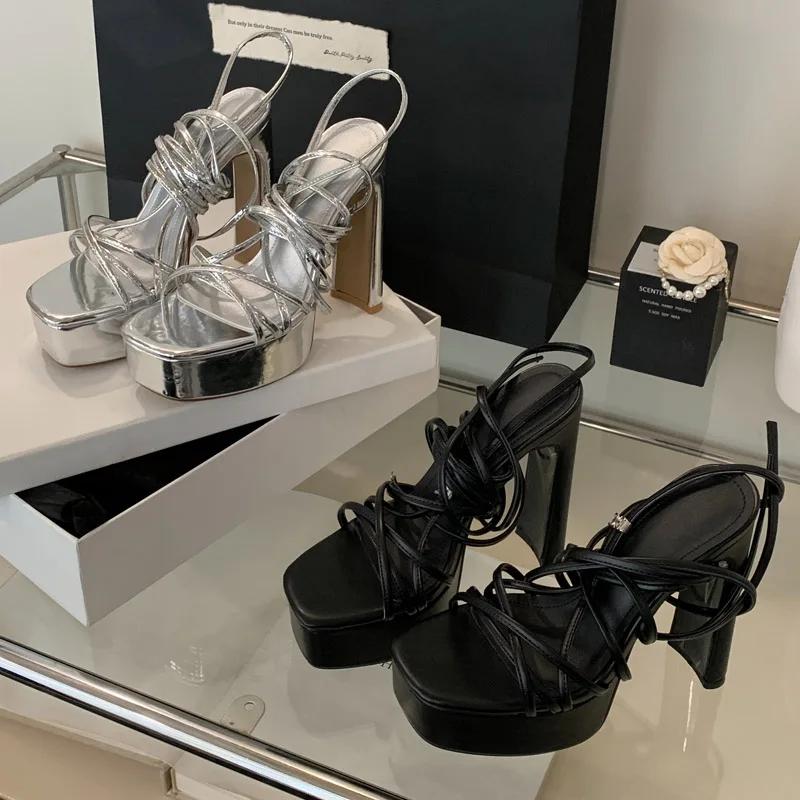 Eilyken Summer Fashion Narrow Band Ankle Lace-up Square Toe Sandals Women Platform High Heels Party Shoes