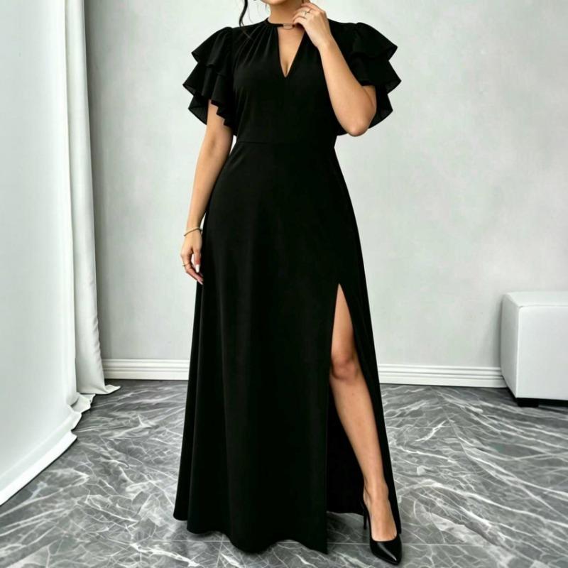 Plus Size Women Summer V Neck Ruffle Sleeve Waisted Slit Solid Midi Dress