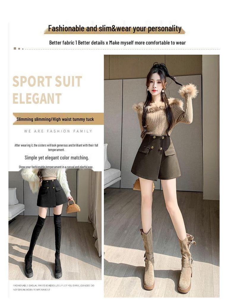 Women's 2026 Autumn/Winter High-Waist Wool Suit Skirt Pants - Double-Breasted, Wide-Leg Slimming Shorts