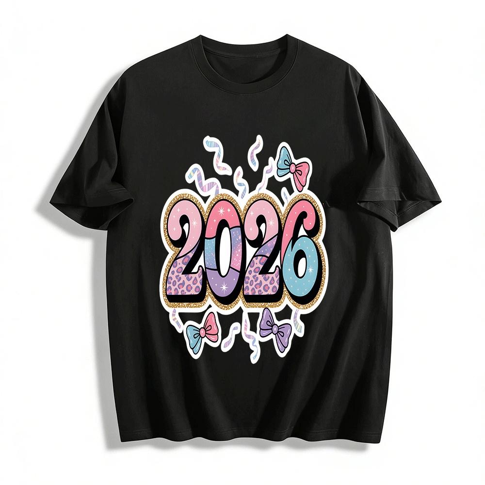 

2026 New Year Party Style Patch Print Bow Decor Casual Top Pure cotton T-shirt XXS