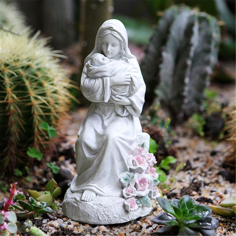 Artistic Religious Mother Son Statue Resins Figurine with LED Light Nursery Decors Mother Day Present For New Mom