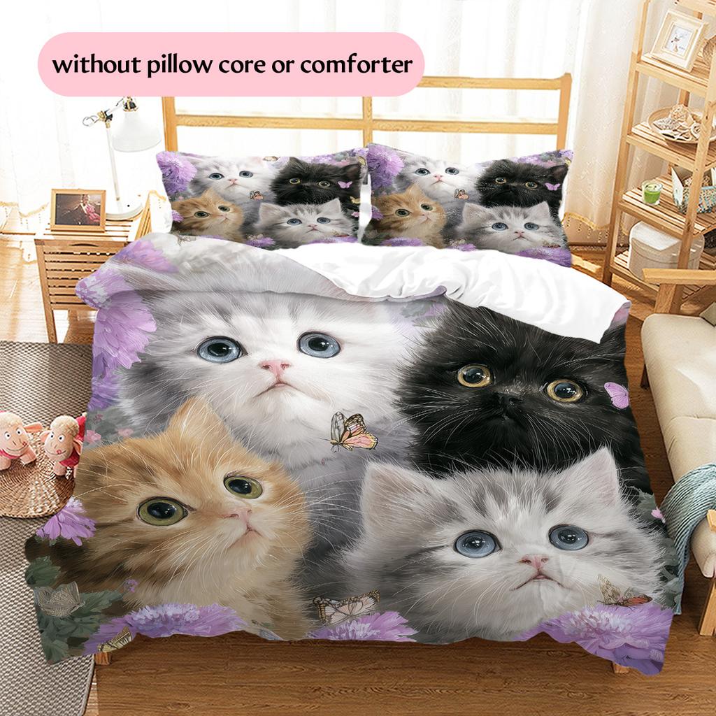 Purple Tabby Cat Pattern Bedding Quilt Set Quilt Cover Pillowcase Home Decoration Gift (1 * duvet cover + 2 * pillowcase, without core)
