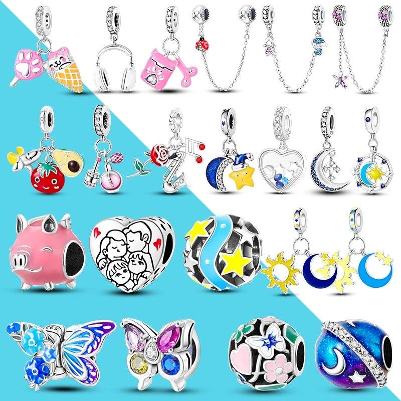 

Подвески из серебра 925 пробы подходят для оригинального нового браслета Diy для женщин, парфюмерии, косметики, подвески для наушников со звездой и луной, бабочка, цветок, бусина