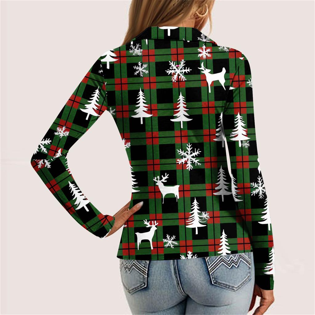 Damenmode Lässig Bedrucktes V-Ausschnitt Langarm Knopfleiste Oberteil