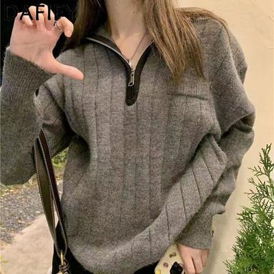 Kadın Modası Rahat Sonbahar Kış Düz Renk Baskılı Uzun Kollu POLO Yaka Kazaklar