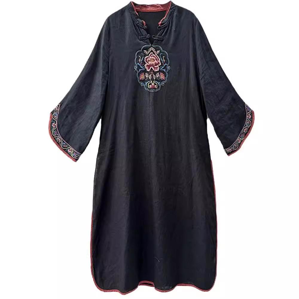 Sommer Chinesischer Stil Baumwolle Leinen Qipao Sieben-Punkt-Ärmel Mittellange Schlitzkleid Vintage Ethnische Stickerei Kleid
