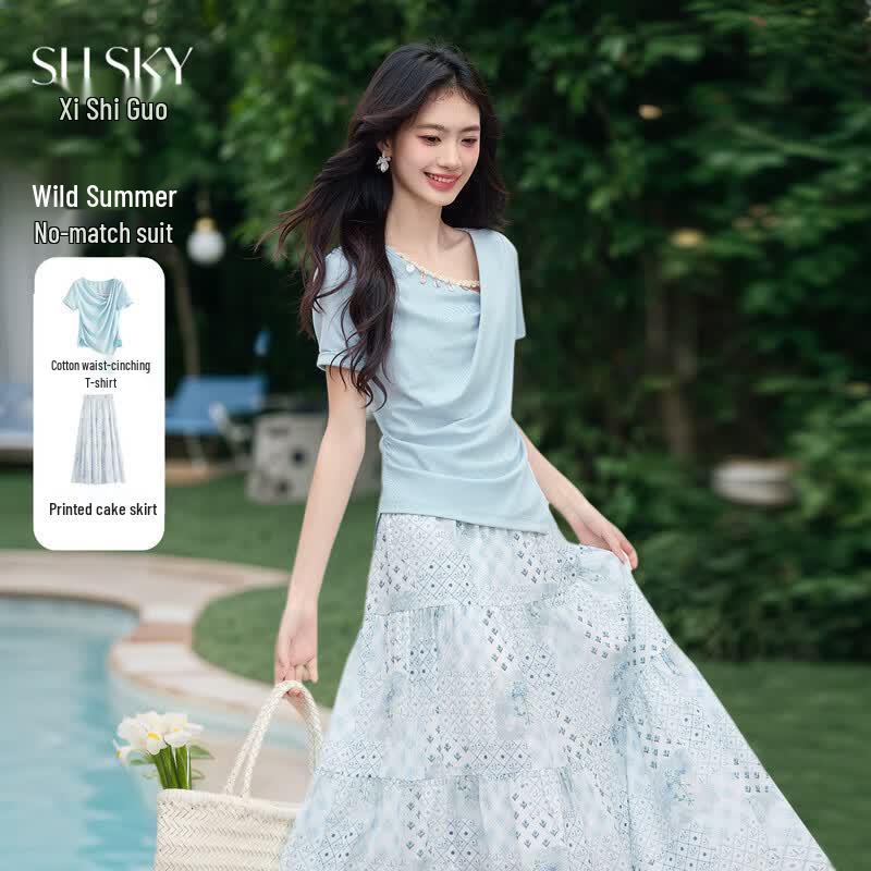 Women s Printed T-shirt and Cake Skirt Two-Piece Set M
