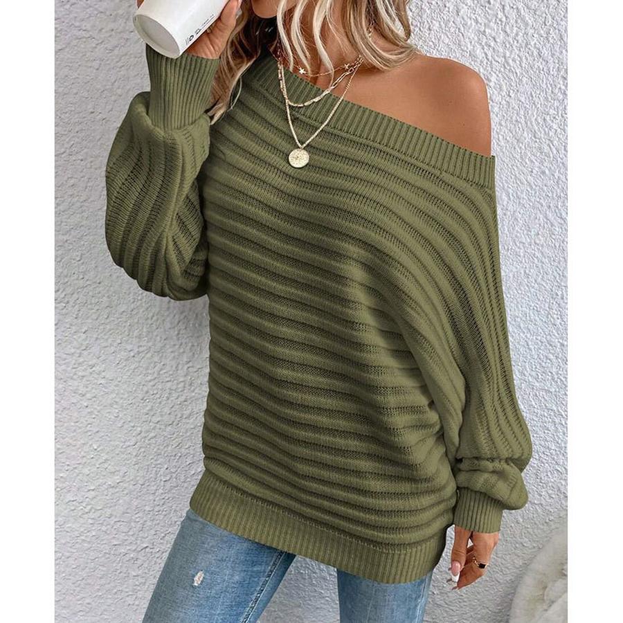 Autumn Winter New Solid Color 3D Ribbed Horizontal Stripe One-Shoulder Batwing Sleeve Pullover Knit Sweater for Women