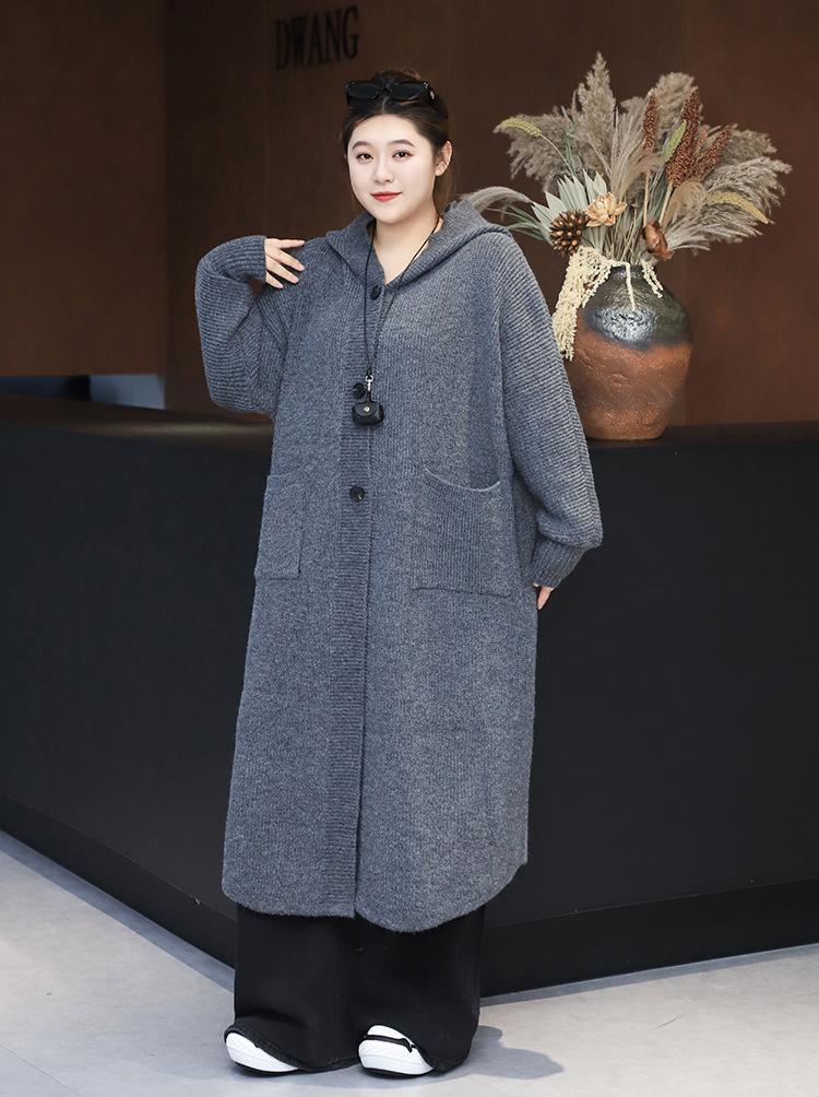 

Plus Size Hooded Long Knit Cardigan - Autumn/Winter Loose Fit for Women One Size (Recommended for 140-300 jin) темно-сірий