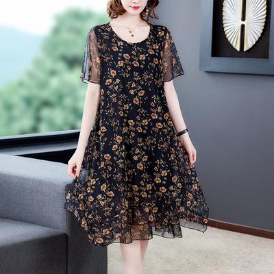 Damen Frühling Sommer Vintage Bestickt Große Größe Damen Locker Mesh Große Größe Kurzarm Kleid Bedrucktes Freizeitkleid