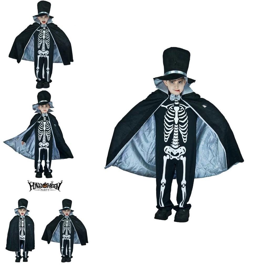Kids Boy Skeleton Skull Ghost Cloak Halloween Cosplay Party Outfit Costume
