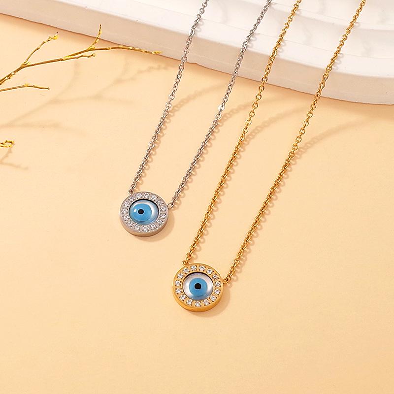 Elegant European Blue Gold-Plated Titanium Steel Eye Pendant Necklace for Women - Versatile Clavicle Chain Jewelry