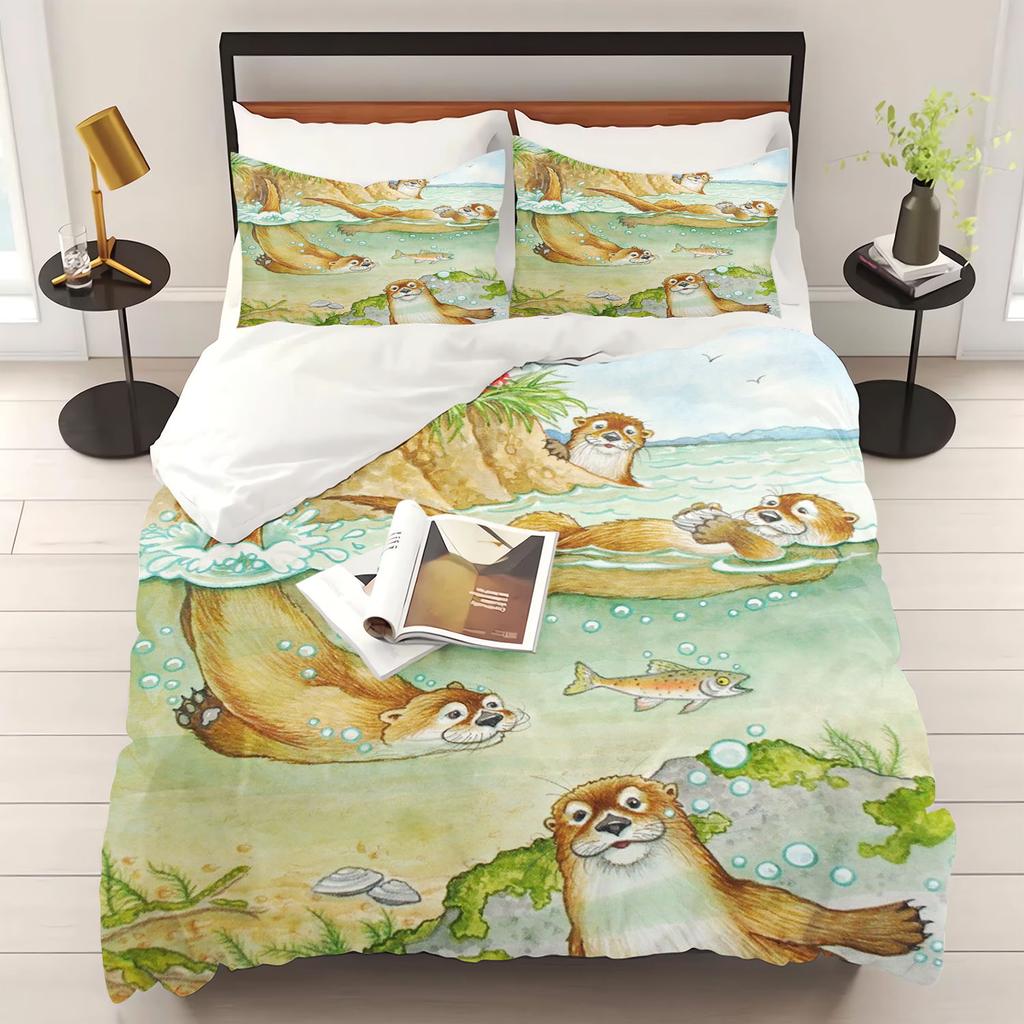 Otter Duvet Cover Animal Cartoon 3-Piece Set Children Cute Polyester Soft Breathable Comforter Animation Bedding