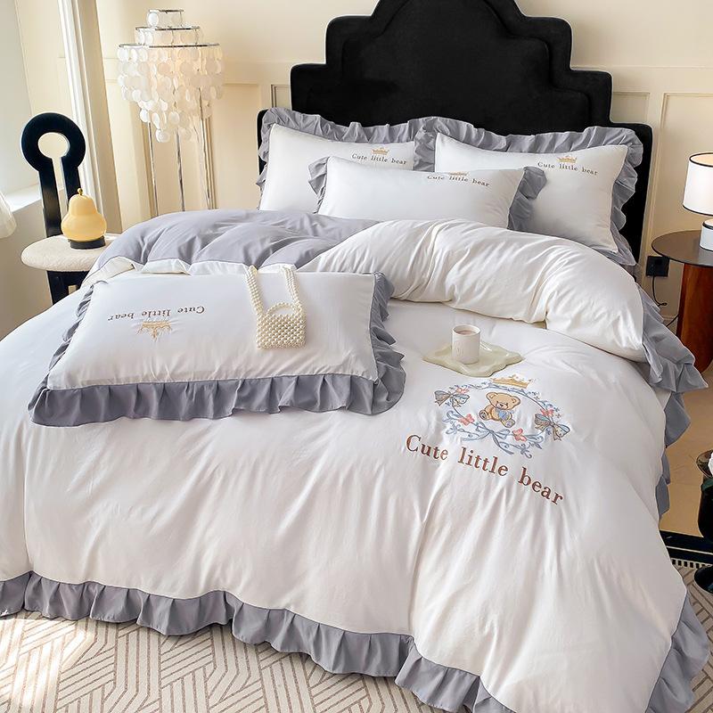 Small Fresh Washed Knitted Pure Cotton Embroidered Four-piece Bedding Set Quilt Cover Bed Sheet Bed Skirt