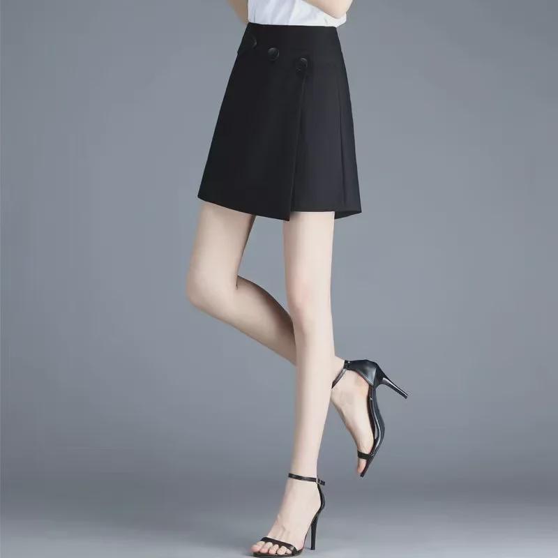 Women's High Waist Black Suit Shorts: Korean Style 2024 Spring/Autumn, Slim A-Line, Versatile, Loose Fit, Wide Leg.