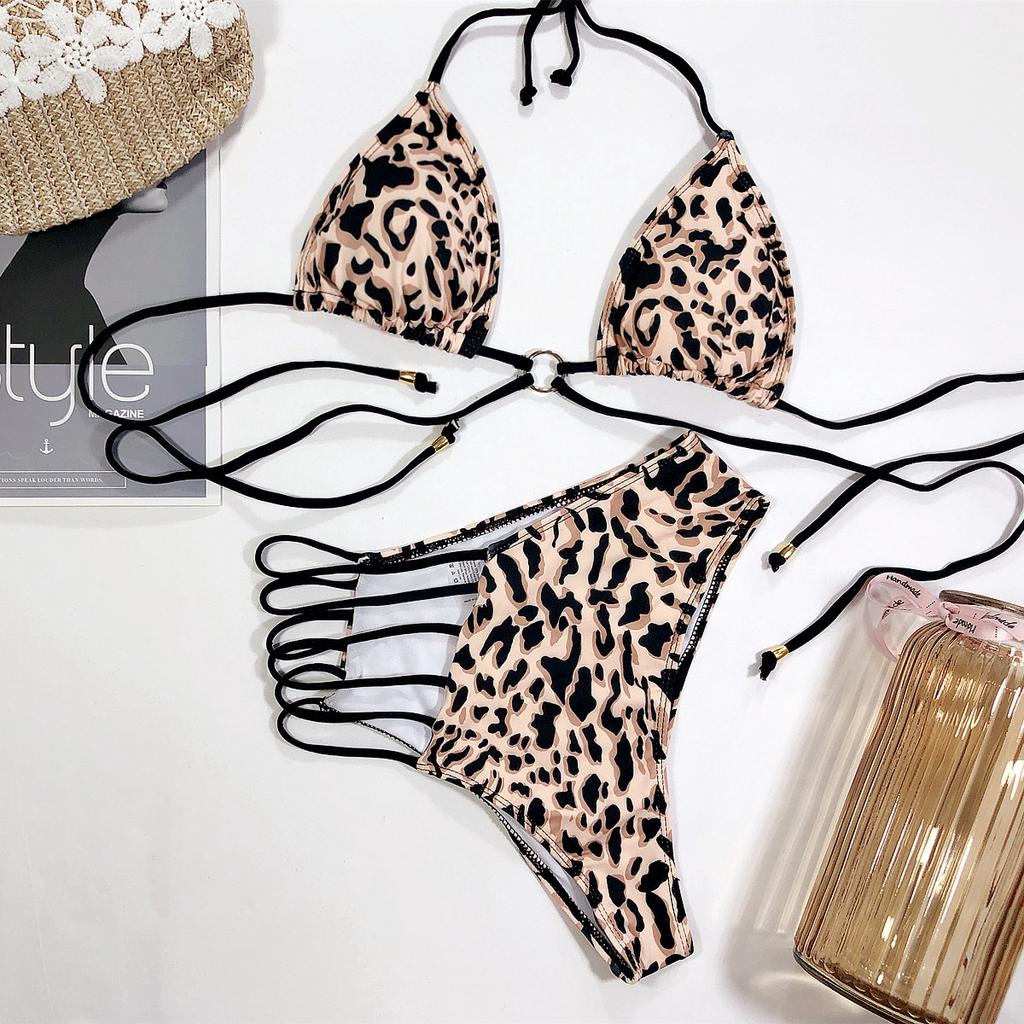 Sexy Leopard Print Bikini Set High Waist Swimsuit Women Bandage Deep V Swimwear