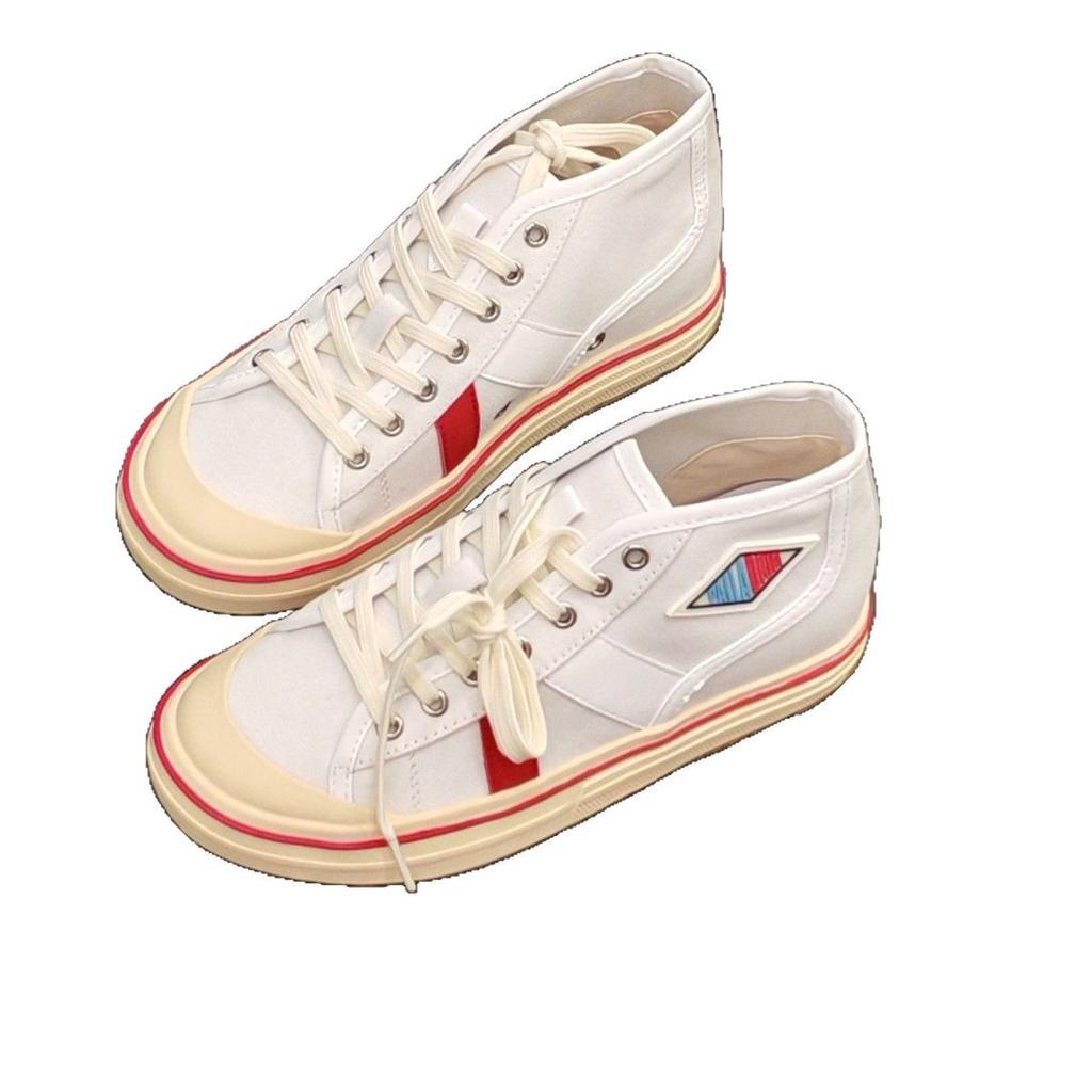 2025 spring and summer new leather color matching high-top canvas shoes women's retro versatile board shoes casual sports couples shoes tide