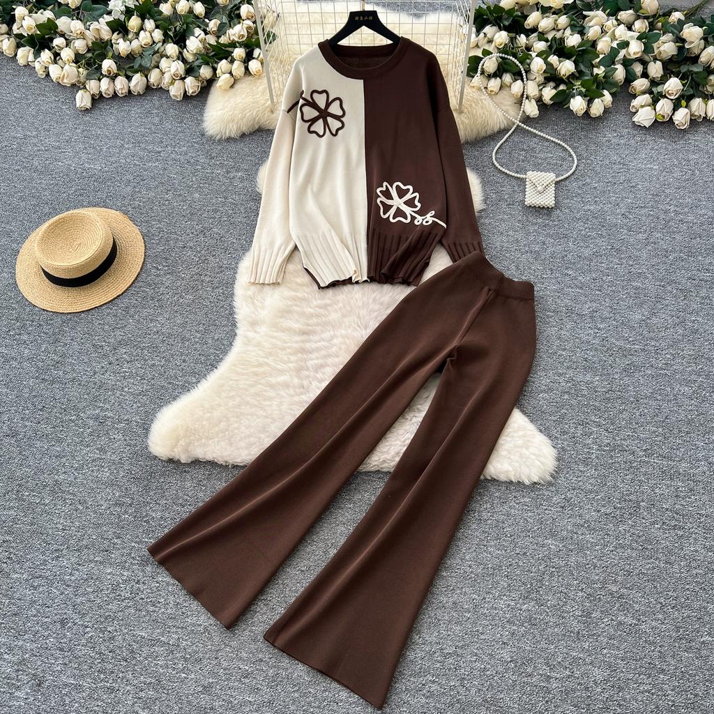 Autumn Winter Women Casual Plate Flower Knitted Sweater Trouser Two Piece Set O-neck Pullover Tops and Wide Leg Pant Suit