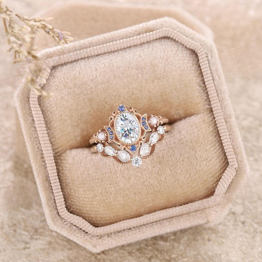2Pcs/Set Fashion Rose Gold Color Rhinestone Zircon Rings For Women Full Crystal Rings Star Moon Wedding Engagement Jewelry Gifts