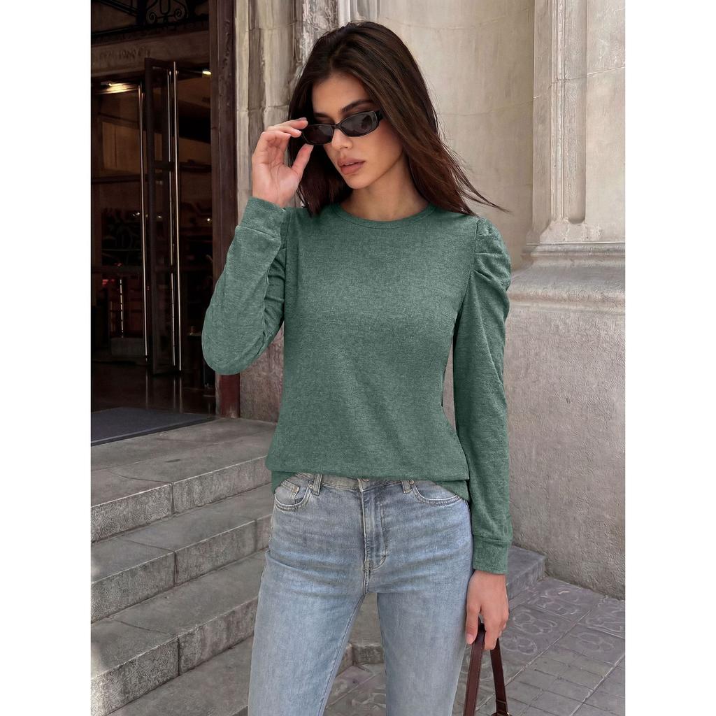 Fall Winter Women's Solid Color Loose Crew Neck Pleated Long Sleeve T-shirt Top For Cross-border European American Trade