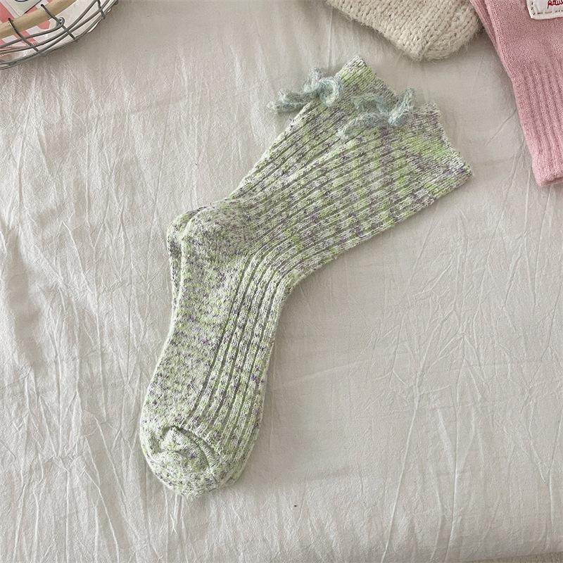 Dotted Yarn Wool Bow Woolen Socks Thickened Warm Solid Color Mid-Tube Cashmere Stack Socks