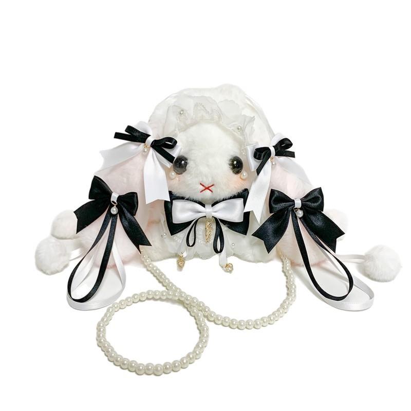 Lolita Bowknot Rabbit Plush Shoulder Bag With Pearl Chain For Daily Casual Use