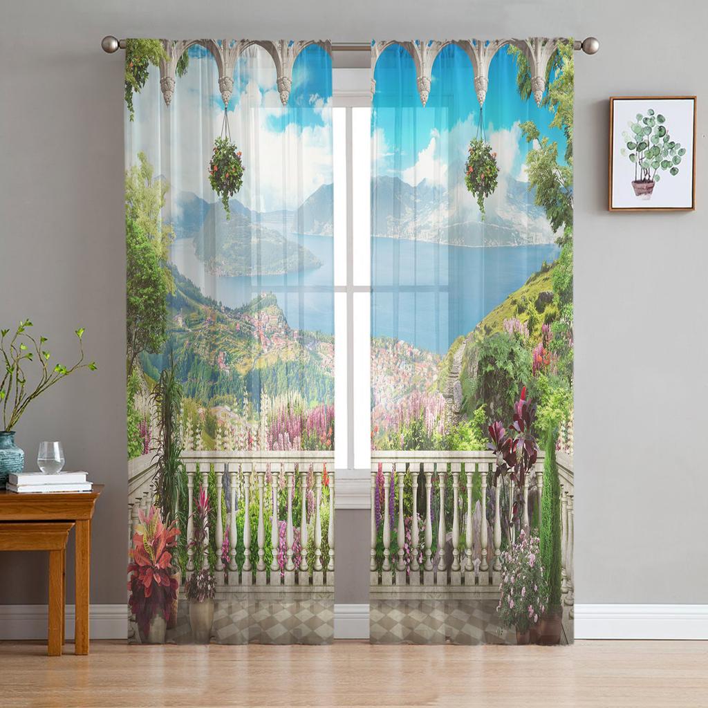 Landscape Garden Scenery Tulle Sheer Curtains for Living Room Decoration Window Curtain for Bedroom Kitchen Voile Organza Drapes