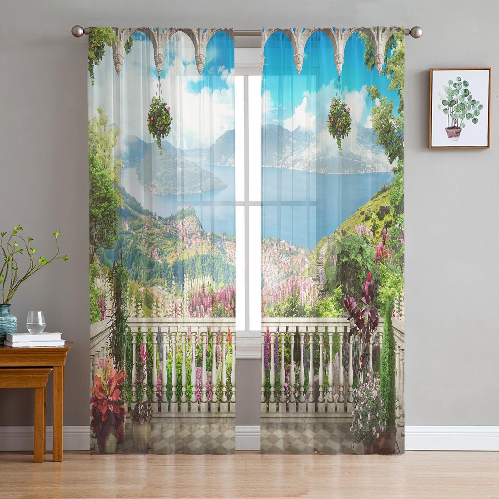 

Landscape Garden Scenery Netting Sheer Drapes Ideal for Living Room Decoration Window Curtain Ideal for Bedroom Kitchen Voile Organza Drapes W135 x H115cm x1&Rod Pocket