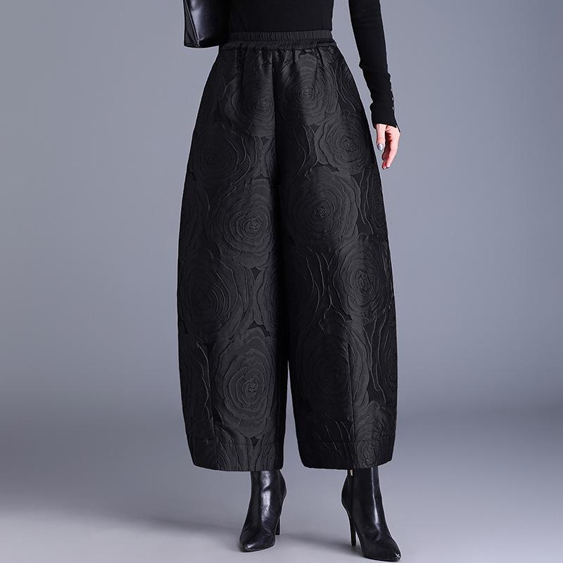 Damskie jesienno-zimowe spodnie dzwony z żakardu z wytłaczanym wzorem