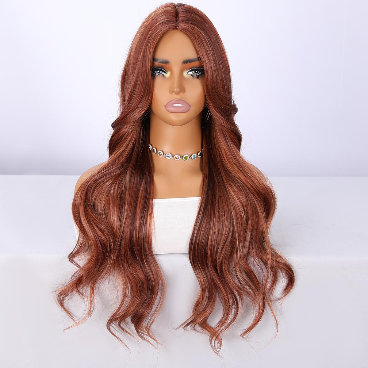 SMILCO 28-Inch High-Gloss Wavy Wig Bangs Red-Brown Ladies Heat-Resistant Synthetic Long Hair Elegant Water Wave 150% Density (as the picture,26 Inches)