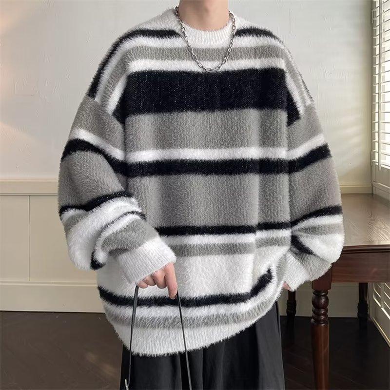 Soft Waxy Warm Sweater for Boys Loose and Lazy Trendy Brand Striped Crew Neck Thread Coat Autumn and Winter Advanced Sense Knitted Sweater