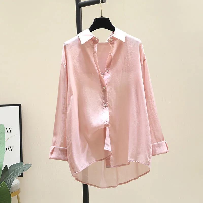 Solid Solor Thin Shirt Women's Spring/summer Korean version Long sleeved Sunscreen clothing Female Loose Casual Top